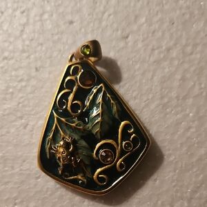 Chico's Gold-Tone Pendant Necklace with Green Enamel and Amber Accents